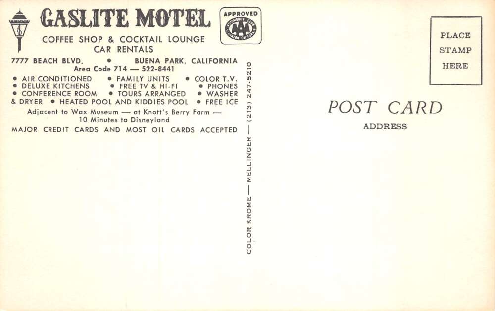 Buena Park California Gaslite Motel Swimming Pool Vintage Postcard AA104339 - Image 2
