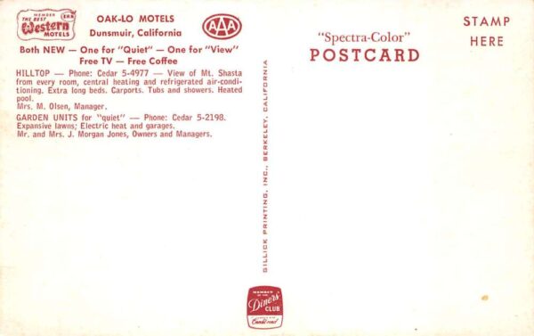 Dunsmuir California Oak-Lo Motels Vintage Postcard AA104349 - Image 2
