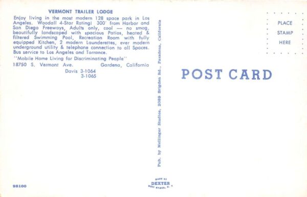 Gardena California Vermont Trailer Lodge Swimming Pool Vintage Postcard AA104351 - Image 2