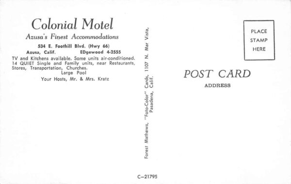 Azusa California Colonial Motel Swimming Pool Vintage Postcard AA104353 - Image 2