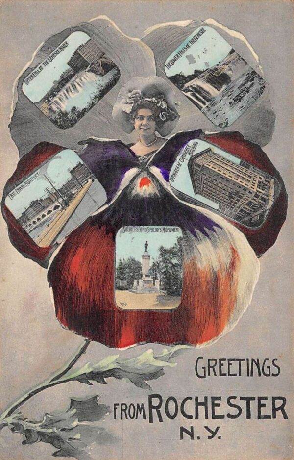 Rochester New York Greetings From, Views In Pansy Petal, Vintage PC U24384