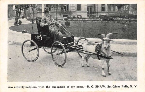 South Glens Falls New York Man In Goat Pulled Wagon, Vintage Postcard U24387