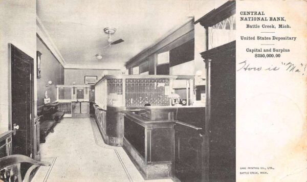 Battle Creek Michigan Central National Bank, Undivided Back, Vintage PC U24459