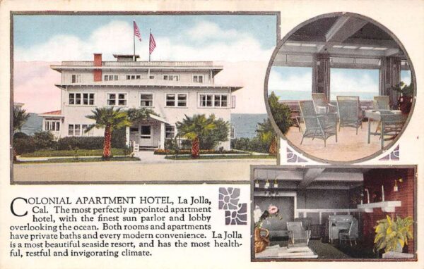La Jolla California Colonial Apartment Hotel, Color Lithograph, PC U24474