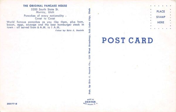 Murray Utah The Original Pancake House, Chrome, Vintage Postcard U24485 - Image 2