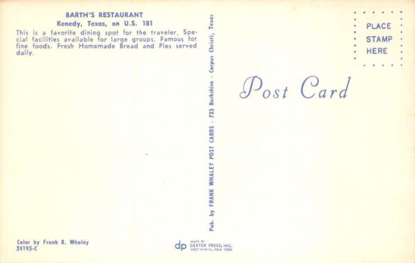 Kenedy Texas Barth's Restaurant Vintage Postcard AA104450 - Image 2