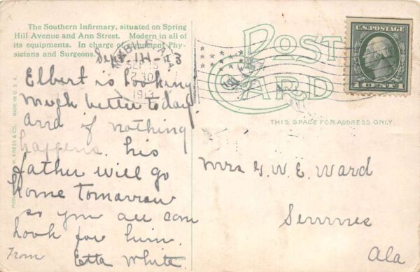 Mobile Alabama Southern Infirmary Vintage Postcard AA104568 - Image 2