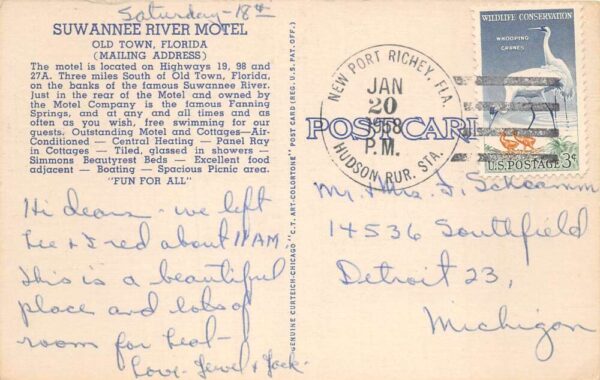 Old Town Florida Suwannee River Motel Linen Vintage Postcard AA104597 - Image 2