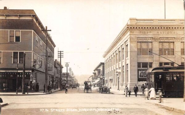 Hoquiam Washington Street Scene Bank and Trolley Real Photo Postcard AA104679