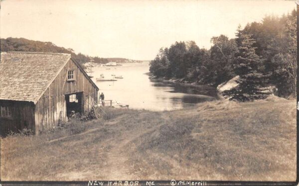 New Harbor Maine View to boats in harbor Real Photo Vintage Postcard AA105031