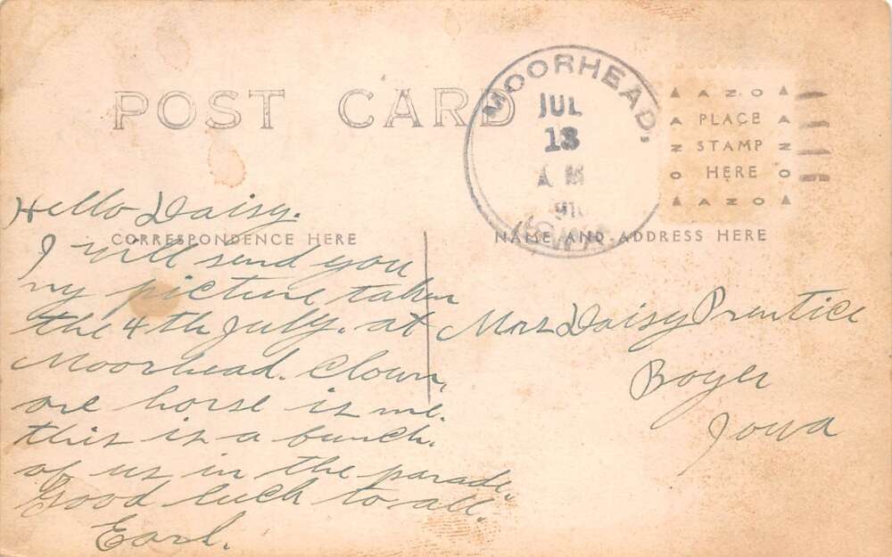 Moorhead Iowa Clown and Indian Costumes July 4th Parade Real Photo PC AA105109 - Image 2