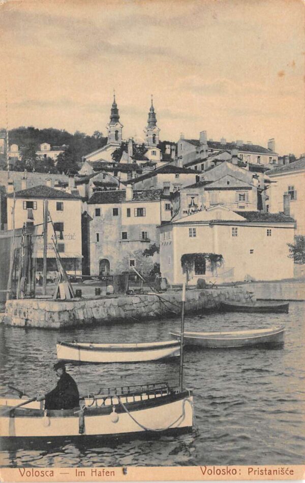 Volosca Volosko Croatia View from Harbor Row Boats Vintage Postcard AA105152