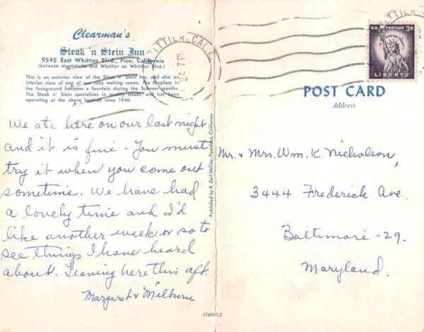 Pico California Clearman's Steak n Stein Inn Bi-Fold Vintage Postcard AA105164 - Image 2