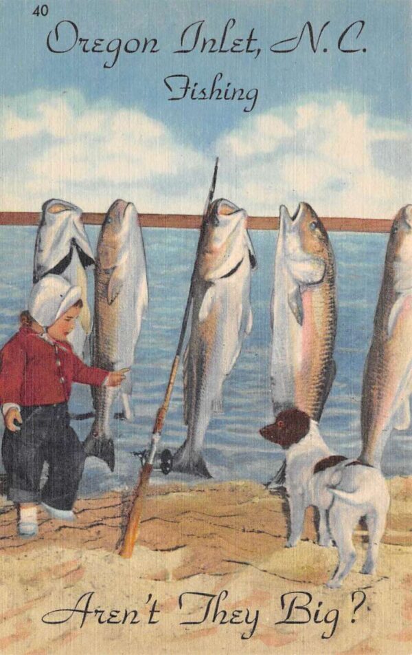 Oregon Inlet North Carolina Girl and Dog Fishing Scene Postcard AA105167