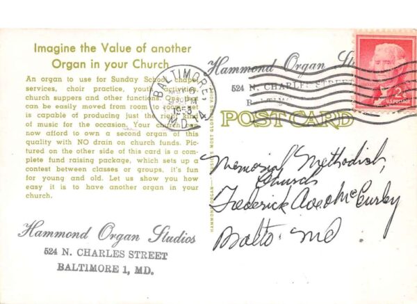 Baltimore Maryland Hammond Organ Ad Vintage Postcard AA105171 - Image 2
