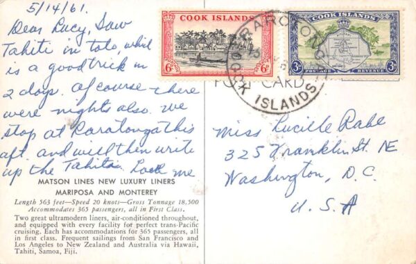 SS Mariposa SS Monterey Cooks Islands Vintage Postcard AA105175 - Image 2