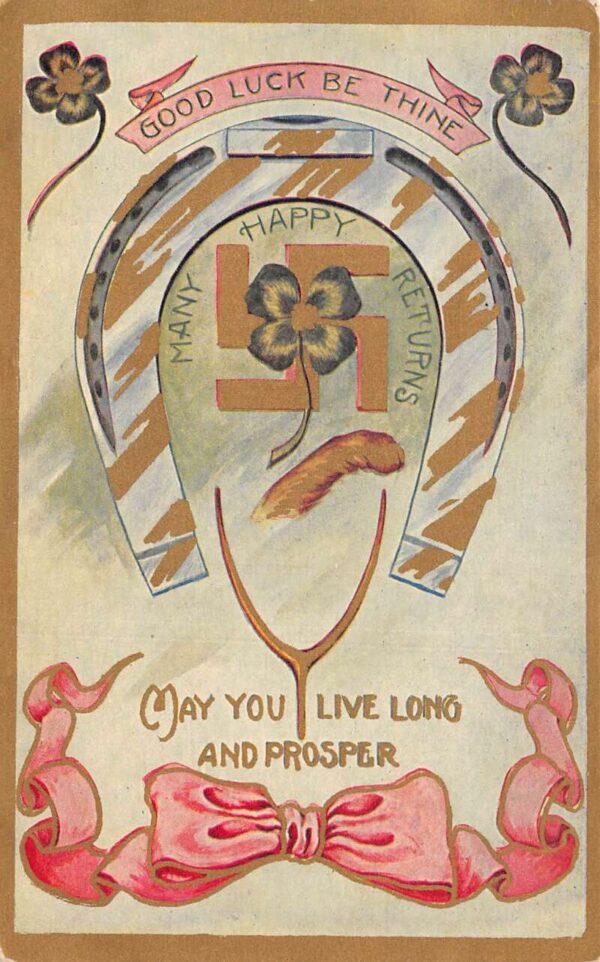 Greetings Good Luck Tokens Clover Horseshoe Swastika Vintage Postcard AA105313