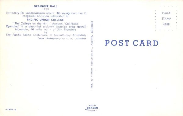 Angwin California Pacific Union College Grainger Hall Vintage Postcard AA105357 - Image 2