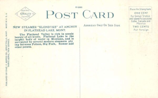 Flathead Lake Montana New Steamer Klondyke at Anchor Vintage Postcard AA105381 - Image 2
