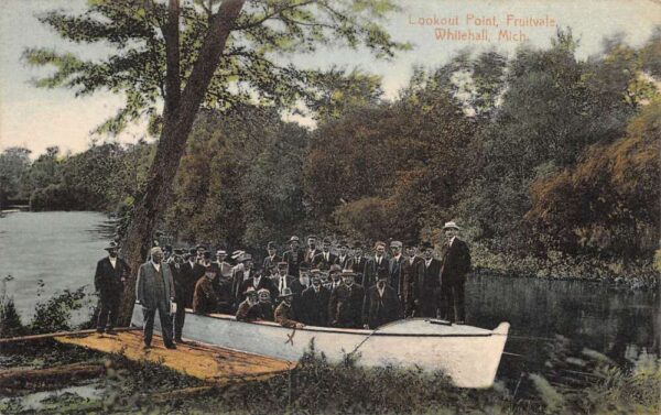 Whitehall Michigan Fruitvale Lookout Point Men in Boat Postcard AA105414