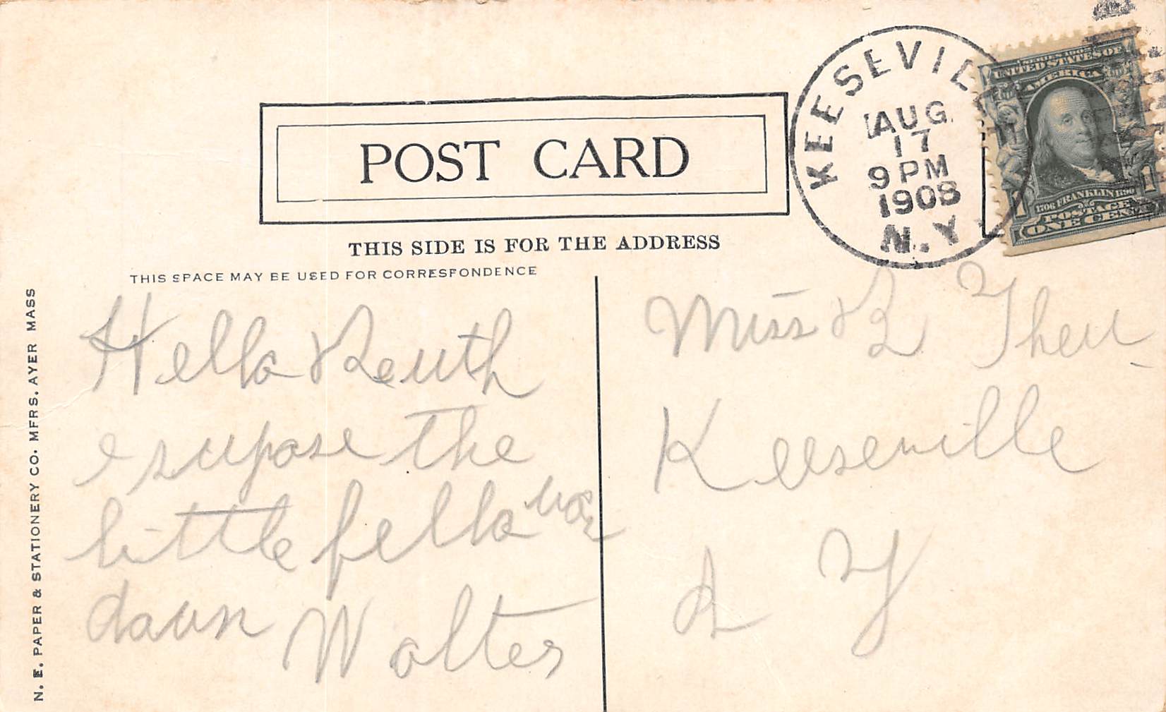 Keeseville New York Fourth Street, B/W Lithograph, Vintage Postcard U19833 - Image 2