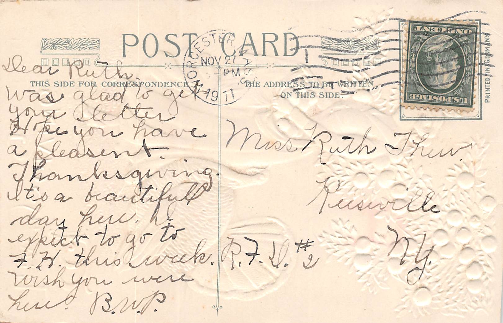 Winsch Thanksgiving Greetings, Woman W/ Apples & Turkey, Vintage PC U19835 - Image 2