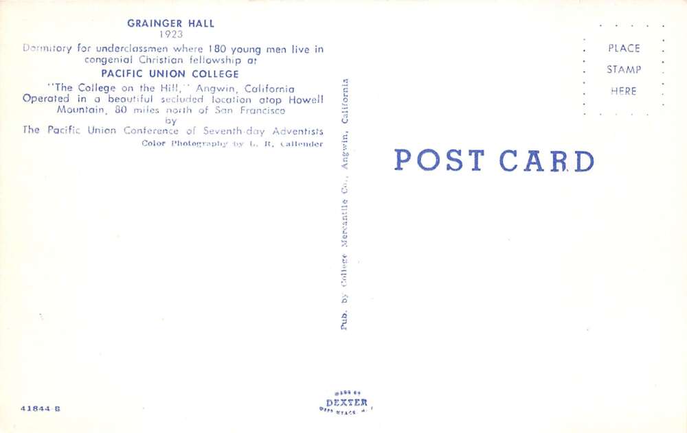Angwin California Pacific Union College Grainger Hall Vintage Postcard AA105357 - Image 2