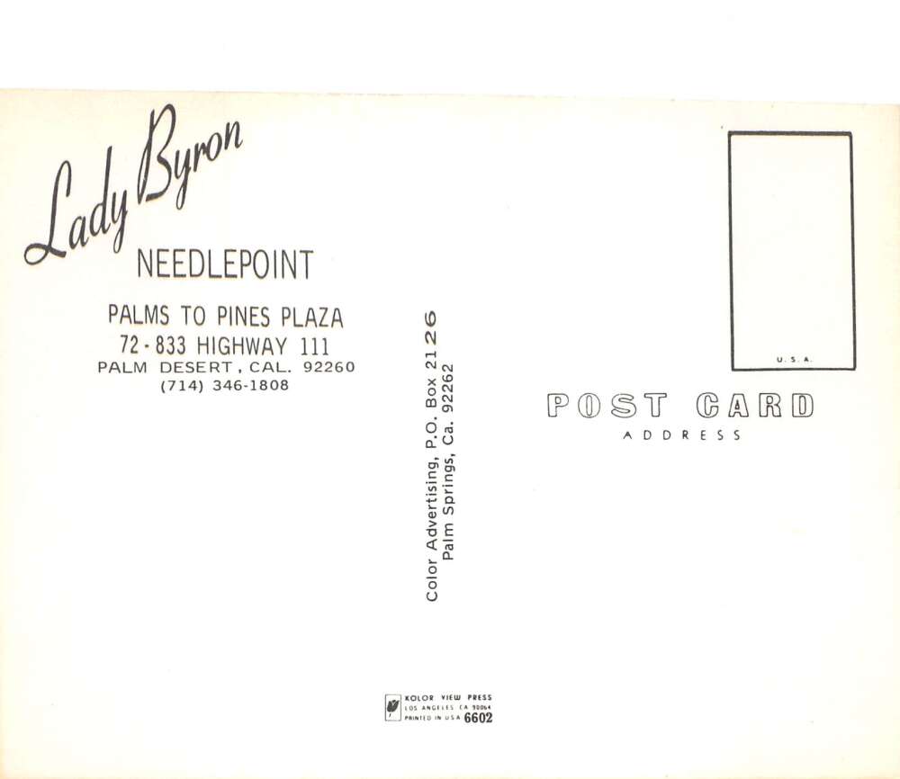 Palm Desert California Needlepoint Lady Byron Puppy Vintage Postcard AA105368 - Image 2