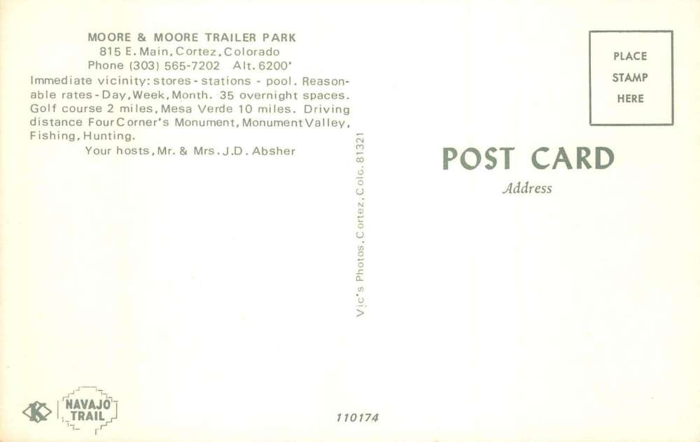 Cortez Colorado Moore and Moore Trailer Park Birds Eye View Postcard AA105659 - Image 2