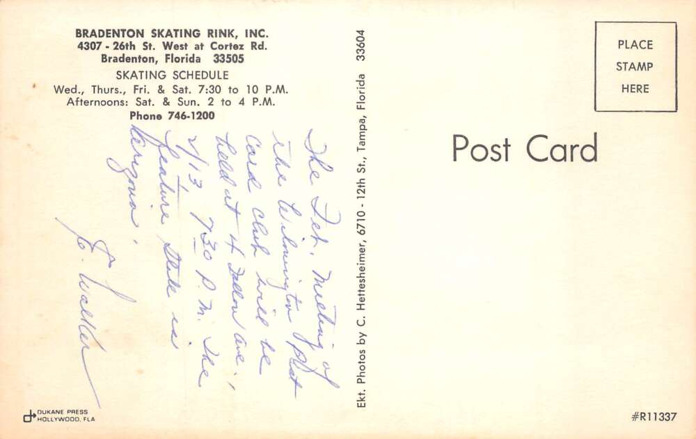 Bradenton Florida Roller Skating Rink Vintage Postcard AA105680 - Image 2