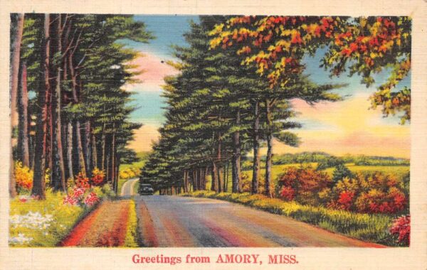 Amory Mississippi Greetings Tree Lined Road Scenic View Postcard AA105775