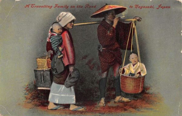 Nagasaki Japan Traveling Family on the Road Vintage Postcard AA105824