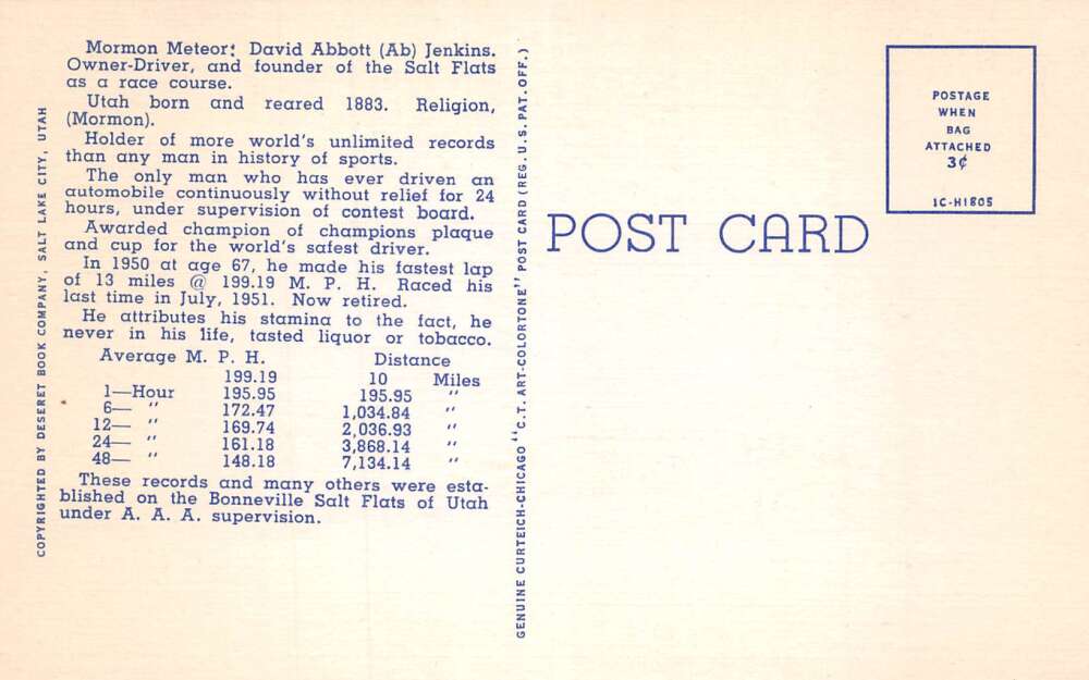 Bonneville Salt Falts Utah Mormon Meteor Race Car Vintage Postcard AA105834 - Image 2