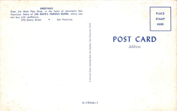 San Francisco California Jim Mates Pipe Shop Cigars Vintage Postcard AA106054 - Image 2