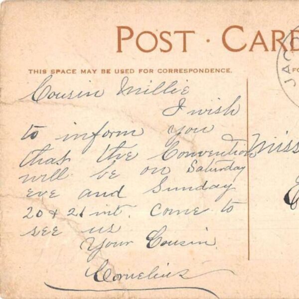 back of postcard with handwritten message