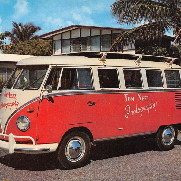 vintage card with photograph of a VW bus