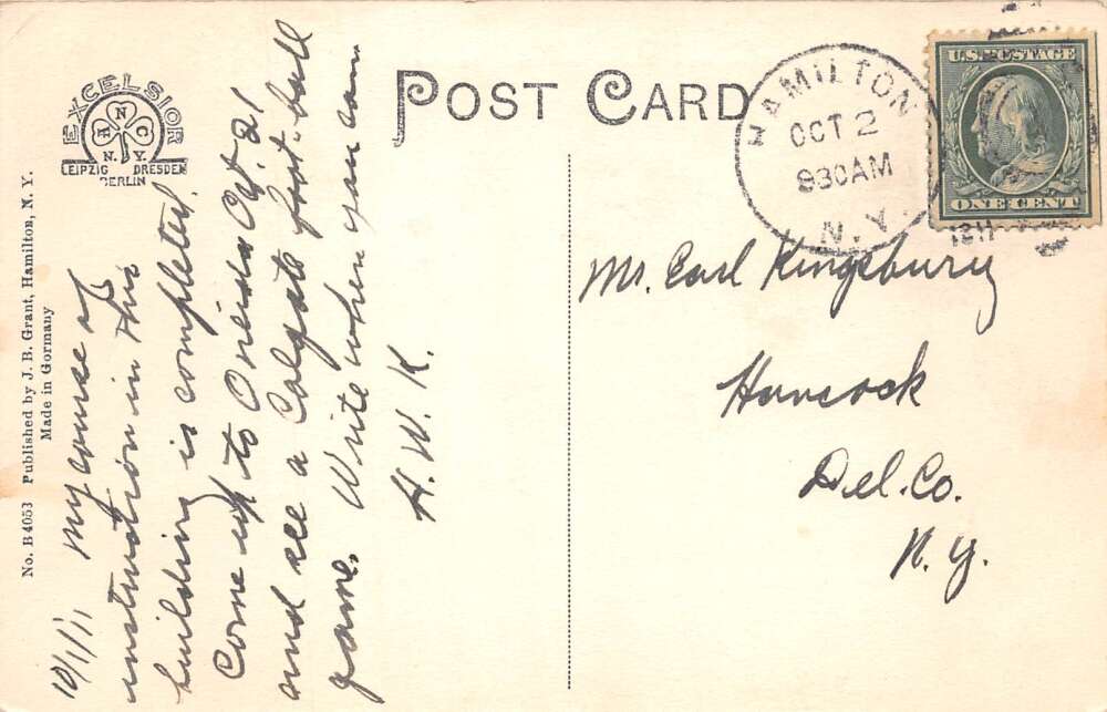 Hamilton New York Colgate University Gym Vintage Postcard AA80458 - Image 2