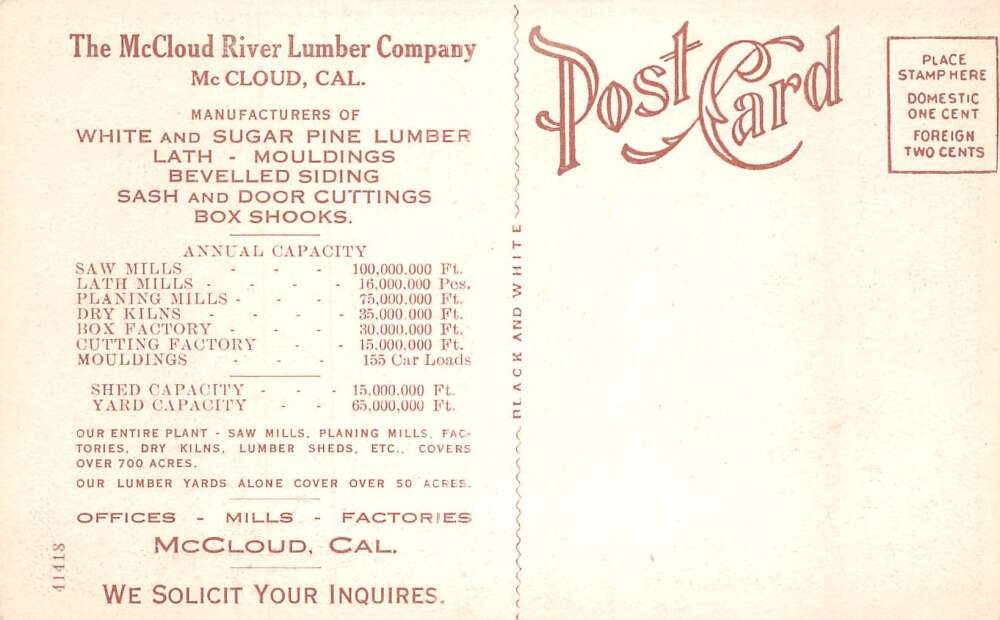 McCloud California McCloud River Lumber Co Loading Logs Vintage Postcard AA80785 - Image 2