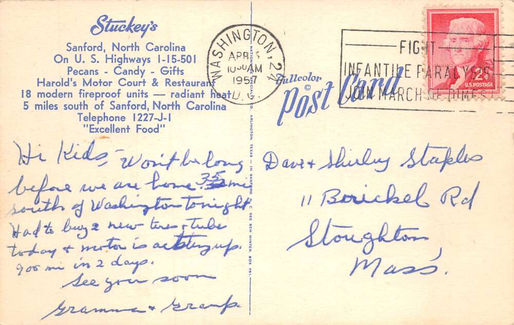 Sanford North Carolina Stuckey's Pecans Vintage Postcard AA80802 - Image 2