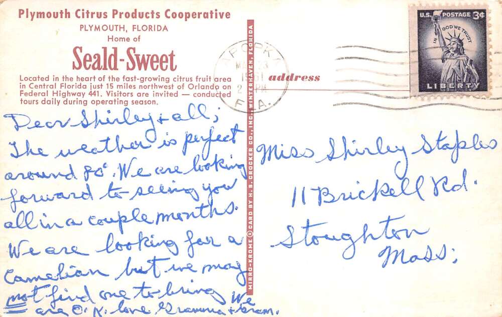 Plymouth Florida Seald Sweet Citrus Products Vintage Postcard AA80834 - Image 2