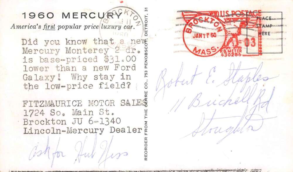 Brockton Massachusetts 1960 Mercury Monterey Fitzmaurice Car Ad PC AA80845 - Image 2