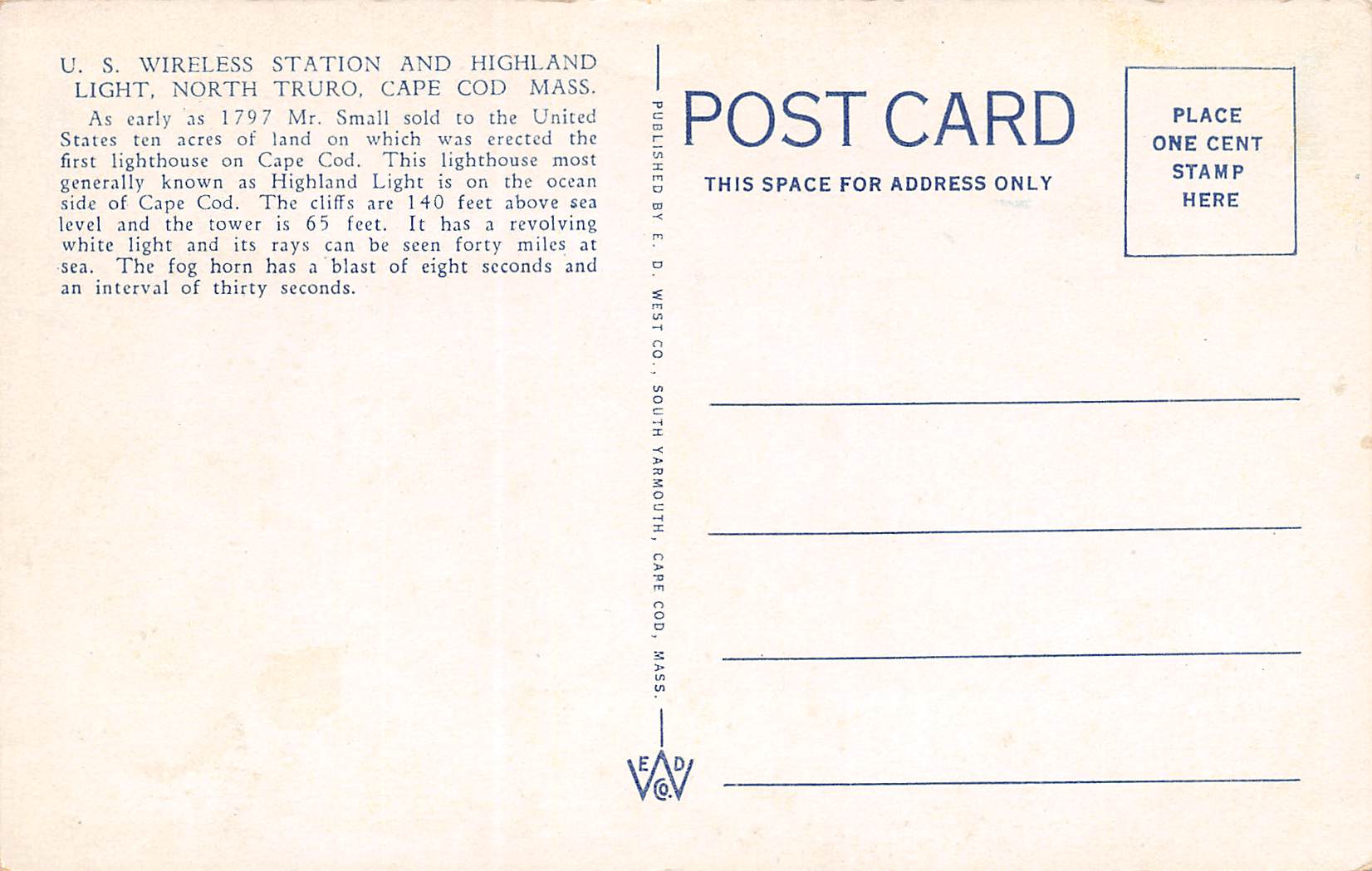 Cape Cod Massachusetts U.S. Wireless Station & Highland Lighthouse,PC U17027 - Image 2