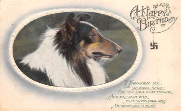Birthday Greetings Collie Dog Swastika Vintage Postcard AA81192