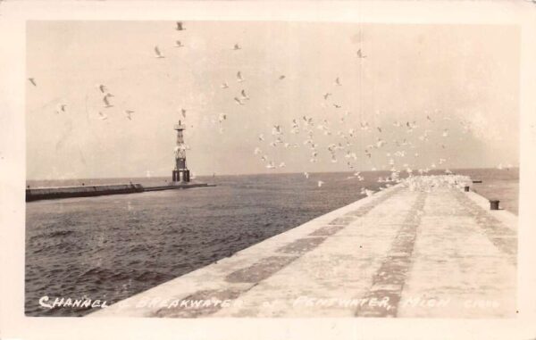 Pentwater Michigan Channel Breakwater Real Photo Vintage Postcard AA81195