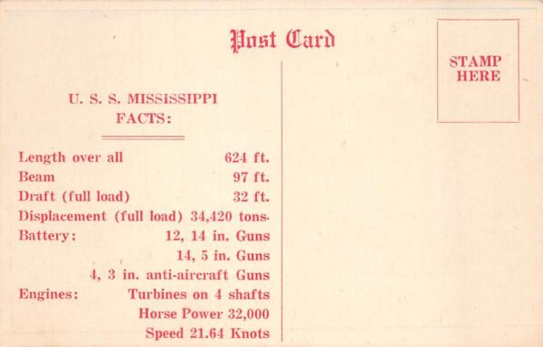 USS Mississippi US Navy Battleship Vintage Postcard AA81209 - Image 2