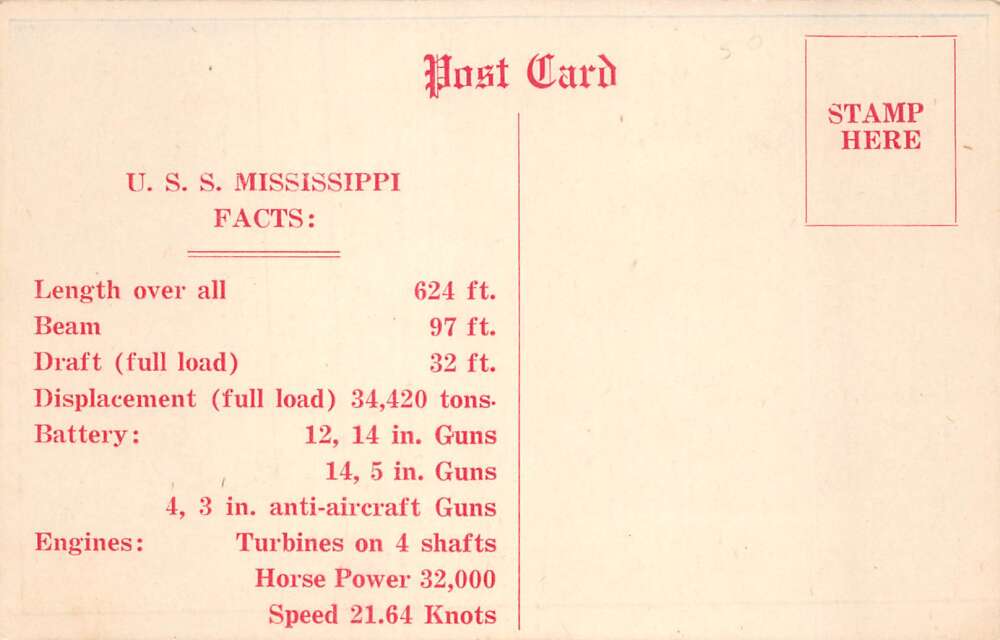 USS Mississippi US Navy Battleship Vintage Postcard AA81209 - Image 2