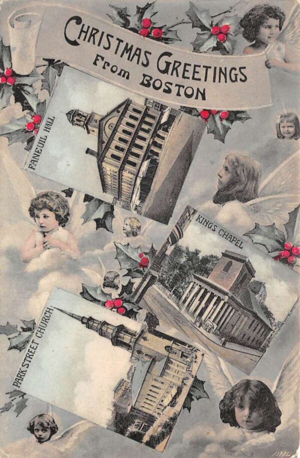 Boston Massachusetts Christmas Greetings Churches Vintage Postcard AA81219