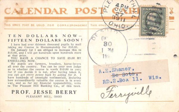 Pleasant Hill Ohio Prof Beery's Horsemanship Mail Course Ad Nov 1911 PC AA81223 - Image 2