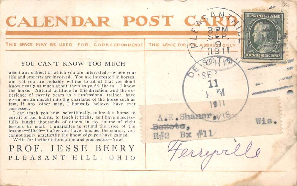 Pleasant Hill Ohio Prof Beery's Horsemanship Mail Course Ad Sep 1911 PC AA81224 - Image 2