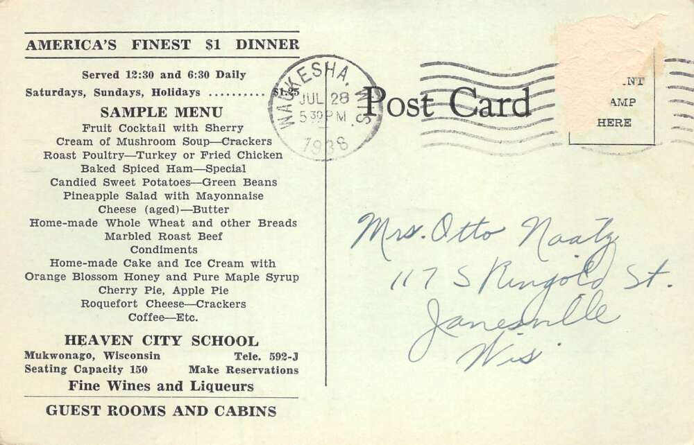 Mukwonago Wisconsin Heaven City School Admin Bldg and Menu Postcard AA81227 - Image 2